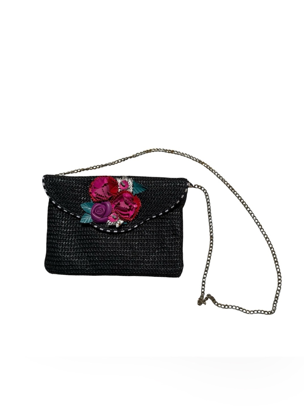 Betsey Johnson Black Raffia Crossbody Bag Purse Chain Strap Floral Flower Detail